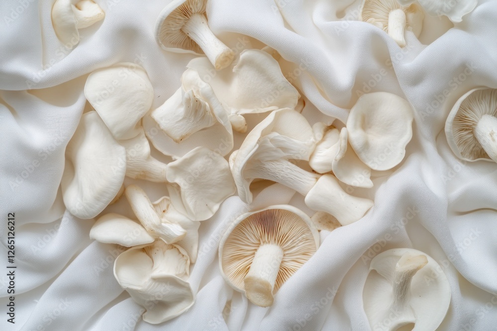 Close-up of fresh white mushrooms arranged on a white fabric background. Close-up of fresh white mushrooms arranged on a white fabric background.