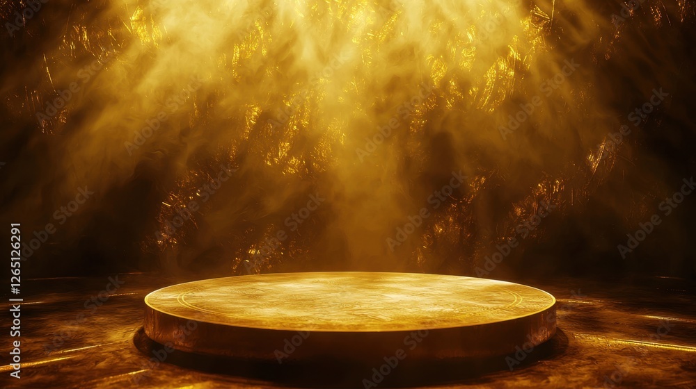 Obraz premium Mysterious glowing platform bathed in golden light within an ancient cave setting