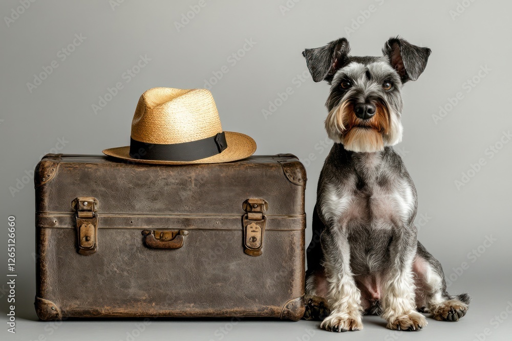 Φωτογραφία A miniature schnauzer dog sits beside a vintage suitcase and straw hat against a gray background