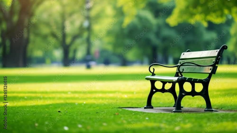 Park Bench in Verdant Setting: A black park bench in a green park with trees and a path.
Park Bench in Verdant Setting: A black park bench in a green park with trees and a path.