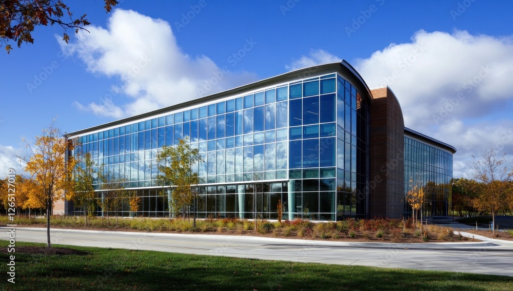Obraz premium Modern glass office building on a sunny day with landscaping.