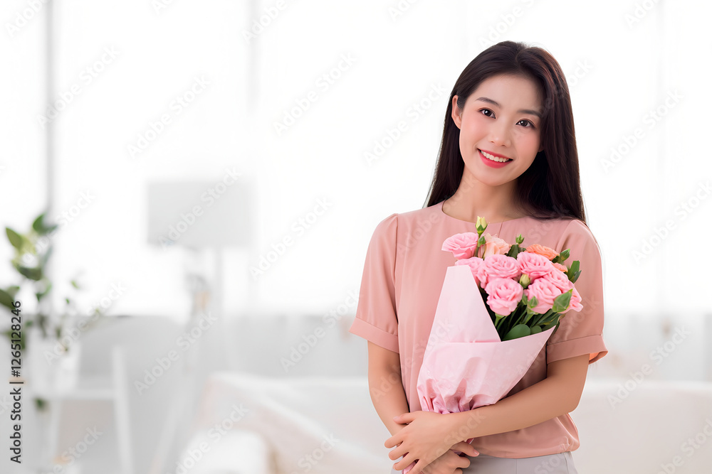 young woman holding a bouquet of flowers young woman holding a bouquet of flowers