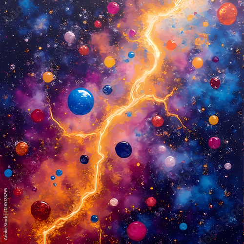 Vibrant Cosmic Nebula Abstract Art with Glowing Lightning and Colorful Planets
