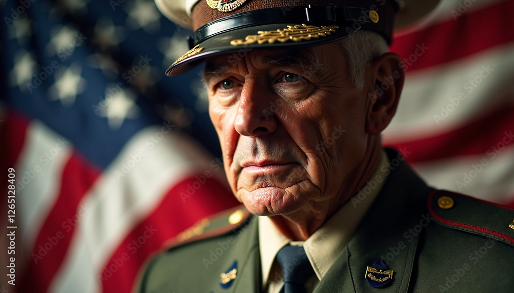 Elderly military officer displaying pride against American flag Elderly military officer displaying pride against American flag