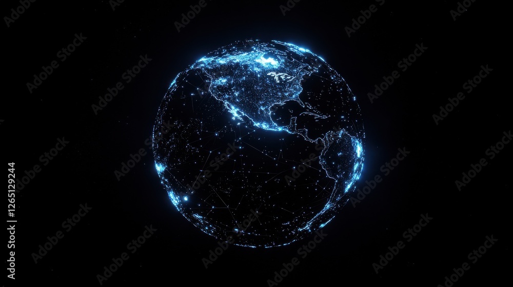 Digital, blue-glowing global network concept with light connections around the Earth planet, a business and connectivity technology background. Big data information exchange online on a dark backdrop Digital, blue-glowing global network concept with light connections around the Earth planet, a business and connectivity technology background. Big data information exchange online on a dark backdrop