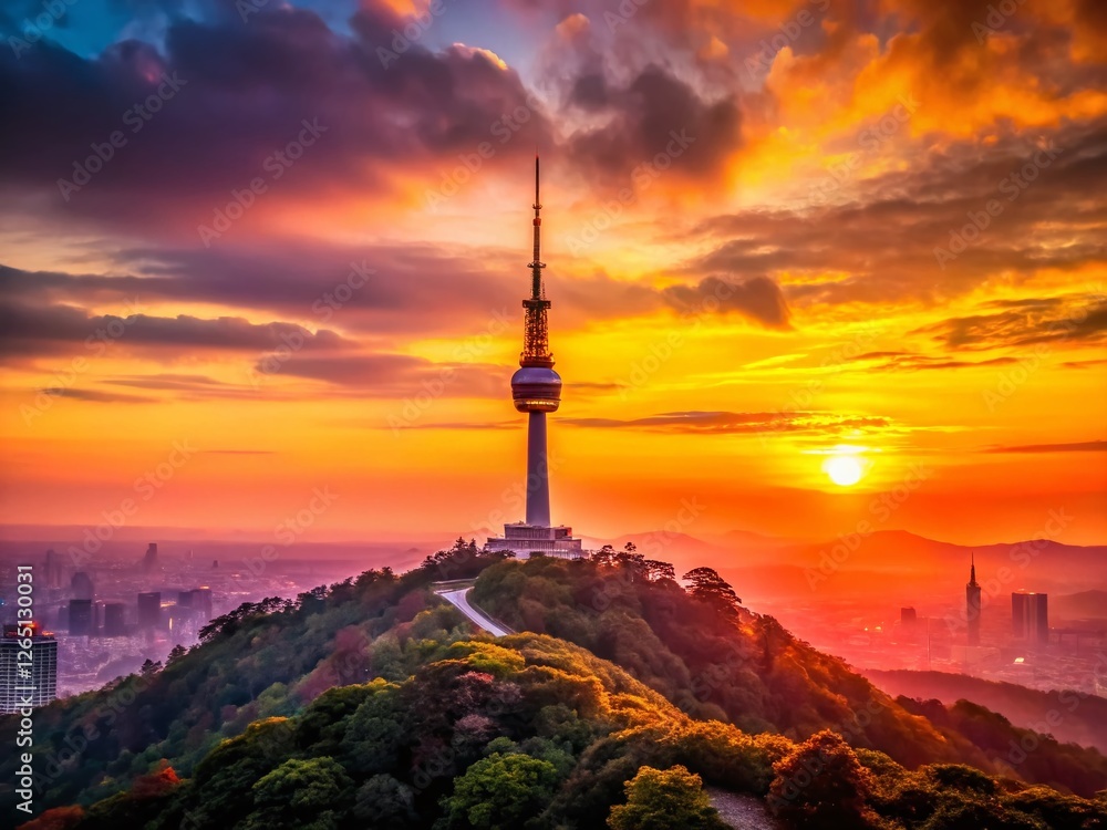 Obraz premium Seoul Namsan Mountain Sunset Silhouette N Seoul Tower South Korea