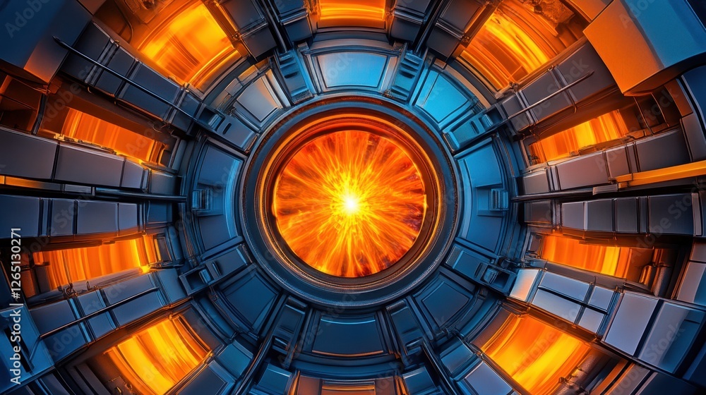Fototapeta premium Arc furnace chamber glowing bright with plasma energy, casting sharp colorful contrasts on a dynamic industrial scene