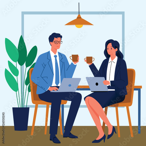 A professional business meeting illustration in a cafe setting. Two individuals in business attire are seen sitting at a table, working on laptops while enjoying a coffee break. This modern, flat d