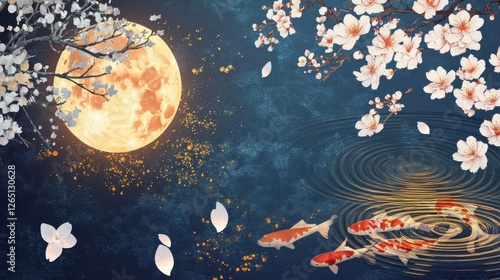 Full moon and cherry blossoms over koi pond in night japanese illustration