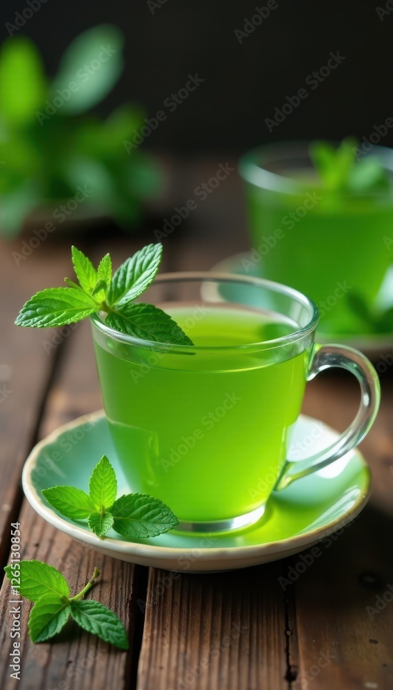 Green tea blend with mint, artfully displayed on aged wood surface, drink, leaves Green tea blend with mint, artfully displayed on aged wood surface, drink, leaves