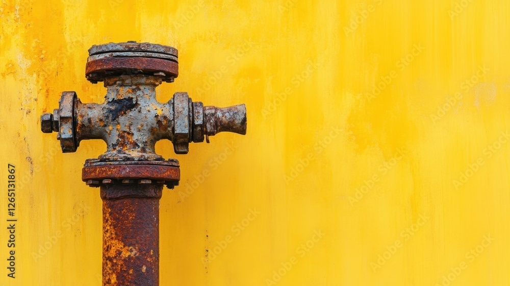 Close-up of a corroded iron water socket with visible rust and damage, placed against a smooth yellow background Close-up of a corroded iron water socket with visible rust and damage, placed against a smooth yellow background