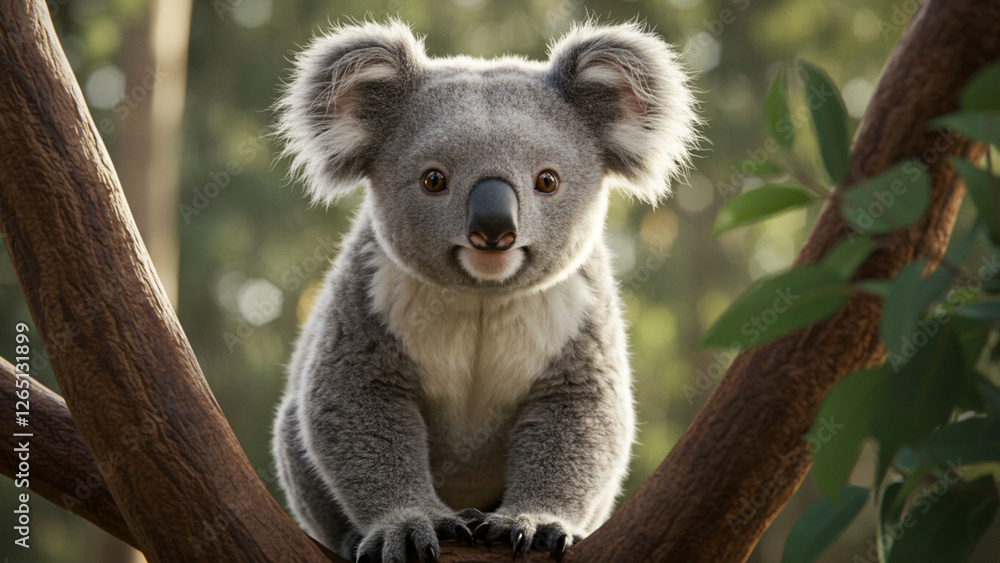 Obraz premium An adorable koala resting on a tree limb, with its eyes fixed on the camera
