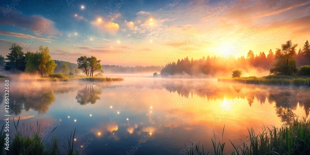 Obraz premium Serene Dawn Lake Mist: Breathtaking Bokeh Landscape Photo