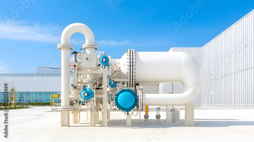 highly efficient gas separation facility with large pipes and valves under clear blue sky. modern design showcases industrial technology and engineering excellence