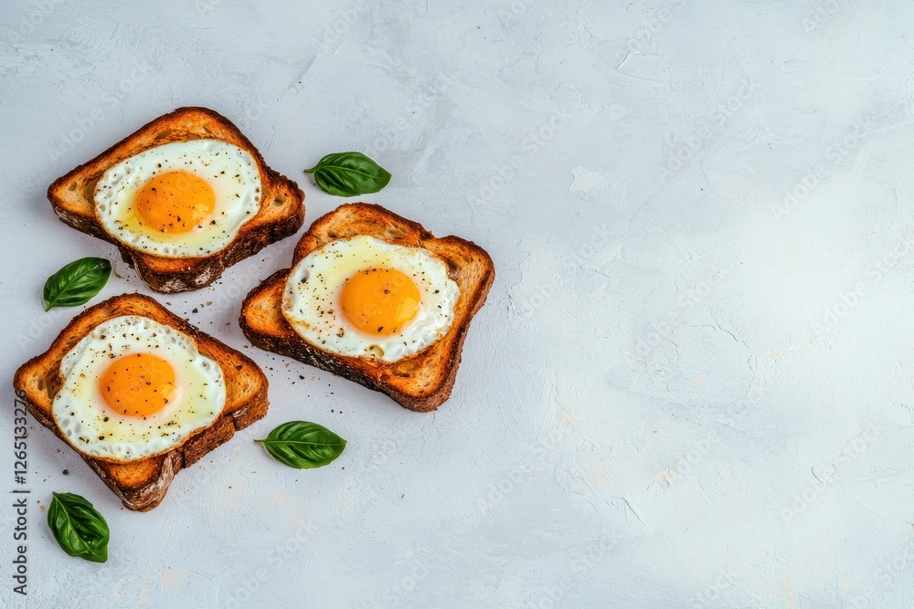 Delicious Fried Eggs on Toasted Bread with Basil Gourmet Breakfast Food Photography Delicious Fried Eggs on Toasted Bread with Basil Gourmet Breakfast Food Photography