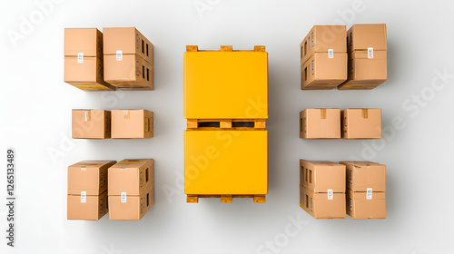 Large warehouse floor with stacked pallets and cardboard boxes arranged neatly. vibrant yellow pallets contrast with brown boxes, creating organized and efficient storage space