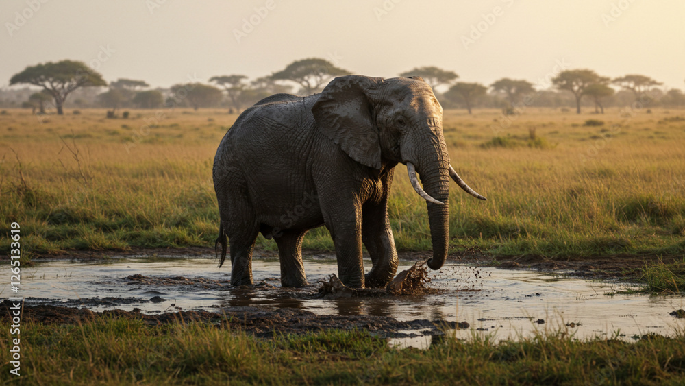 Obraz premium An AI-generated image depicts an endangered African elephant traversing a muddy savannah, creating splashes of mud as it moves