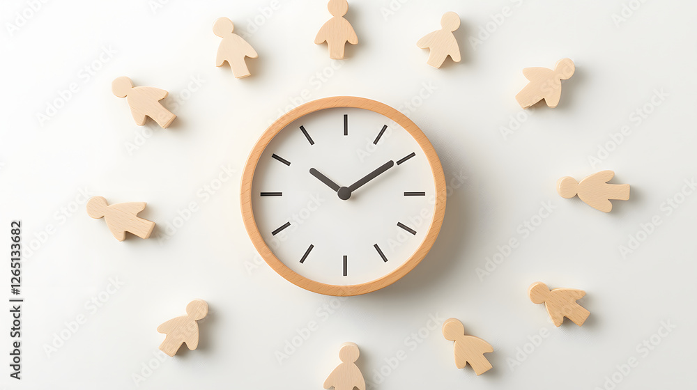 Time management concept with clock and wooden figures