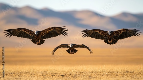 Three Himalayan Griffon Vultures in Flight Over Golden Grasslands photo