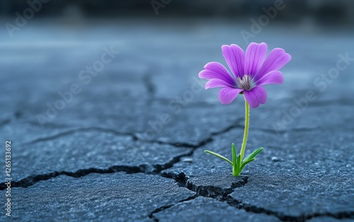 Purple flower blooming from cracked asphalt, soft focus, blurred street backdrop with copy space, natures resilience in an urban landscape, highquality detailed image photo