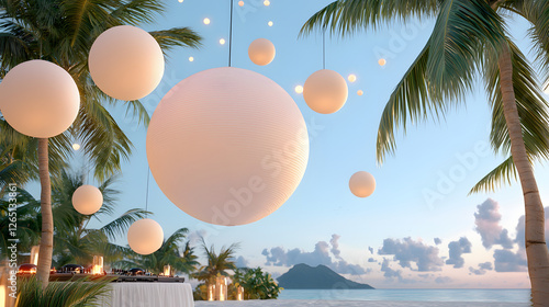 serene beach setting with hanging lanterns, palm trees, and DJ setup creates festive atmosphere for party. tranquil ocean view enhances lively ambiance