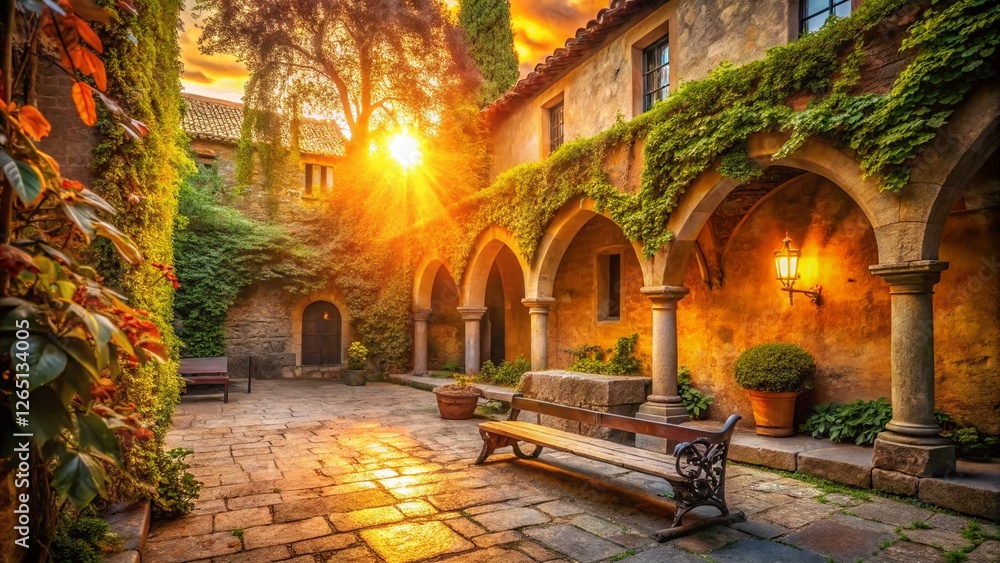 Fototapeta premium Serene Italian Abbey Courtyard Sunset - Ivy Covered Stone Walls, Golden Hour Photography