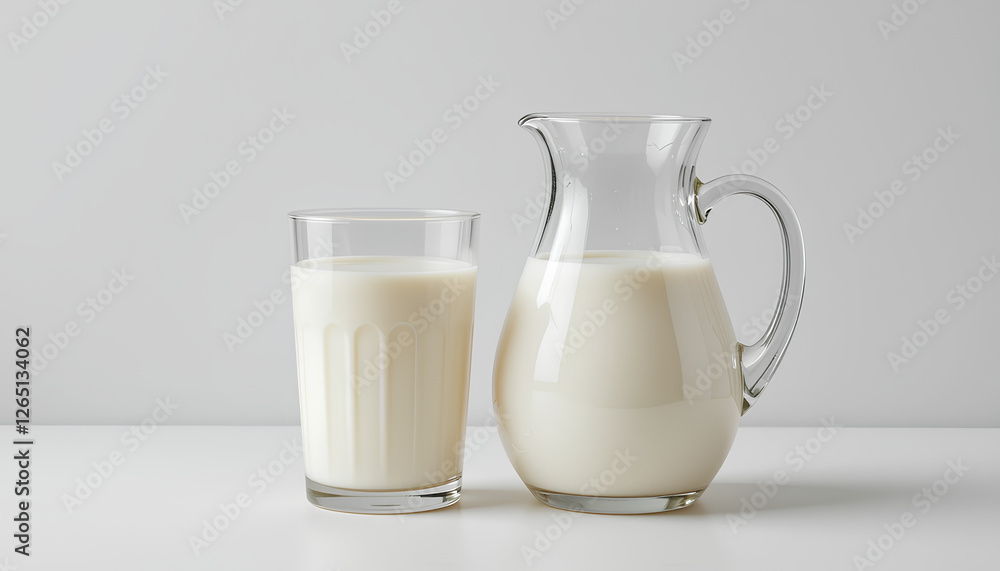 Glass and Pitcher Filled With Fresh Milk on White Surface Glass and Pitcher Filled With Fresh Milk on White Surface