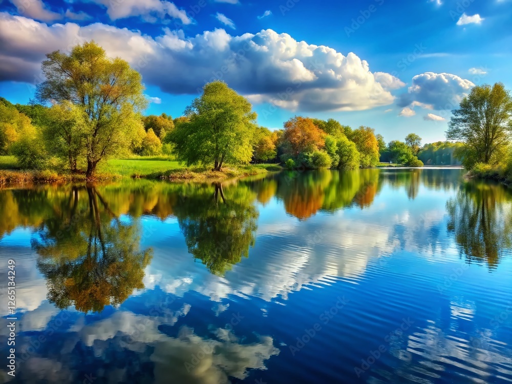 Serene Lake Landscape: Peaceful Blue Sky, Tranquil Water, Lakeside Trees Serene Lake Landscape: Peaceful Blue Sky, Tranquil Water, Lakeside Trees