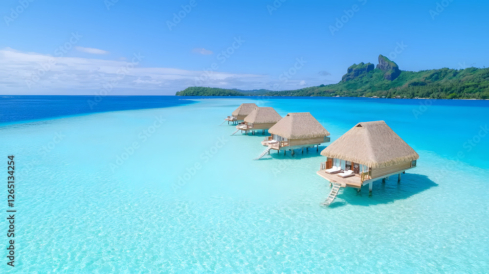 Luxurious beach resort on remote island with overwater bungalows, surrounded by clear turquoise waters and stunning mountain views. perfect tropical getaway Luxurious beach resort on remote island with overwater bungalows, surrounded by clear turquoise waters and stunning mountain views. perfect tropical getaway