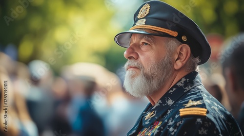 A veteran™s uniform being proudly worn by a soldier during a Memorial Day procession photo