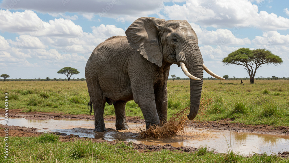 Obraz premium AI generated Endangered African elephant walking in wet savannah, splashing mud