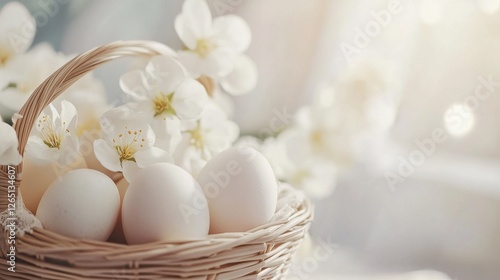 Bow on a basket close up. Easter colored eggs defocused on a blurred background. Background with place for text or copy space.