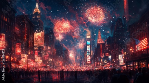 A vibrant Independence Day celebration with fireworks lighting up the night sky over a bustling city, American flags waving in the crowd  photo