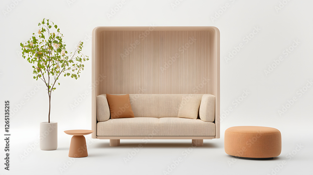 Fototapeta premium modern modular living space featuring cozy sofa with wooden backdrop, stylish round ottoman, minimalist side table, and decorative indoor plant, creating serene atmosphere