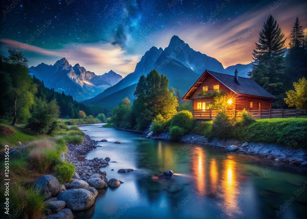 Fototapeta premium Serene Mountain River House Night Photography: Stunning Blue Hour Landscape