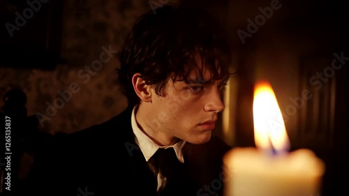 Young Man with Sorrowful Expression in Dimly Lit Antique Room Vintage Aesthetic