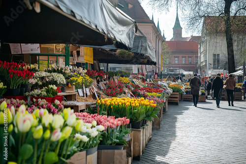 Spring market in the city square, vibrant stalls filled with fresh flowers and local produce.