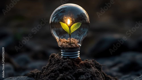 Closeup of Light Bulb Buried in Sand with Plant Inside and Flame Burning on Top