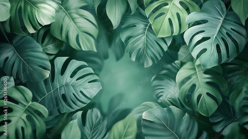 Abstract foliage and botanical background. Green tropical forest wallpaper of monstera leaves, palm leaf, branches in hand drawn pattern. Exotic plants background for banner, prints, decor, wall art. Abstract foliage and botanical background. Green tropical forest wallpaper of monstera leaves, palm leaf, branches in hand drawn pattern. Exotic plants background for banner, prints, decor, wall art.