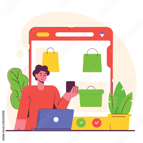 A digital illustration depicting a character interacting with a mobile shopping app, featuring shopping bags and plants. The character appears to be of Asian descent.