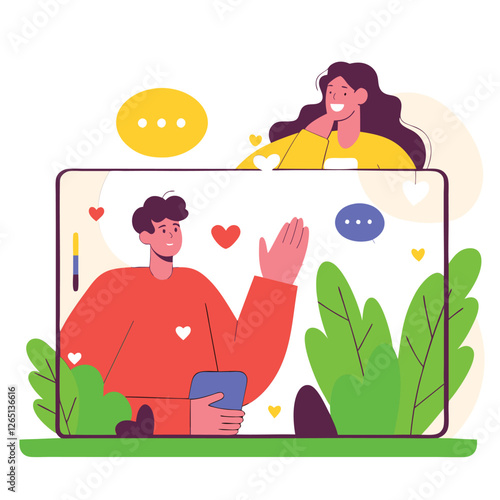 A digital illustration of a diverse group in a virtual meeting setting, featuring a person waving and chatting online amid colorful plants. Concept art in 2D style.