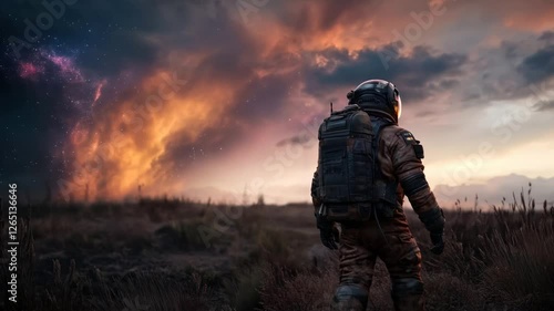 Astronaut in a dramatic landscape, gazing at the colorful cosmos, Space Explorer Walking in a Mystical Field with Starry Sky