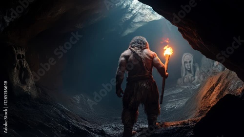 Neanderthal Walking with Fire Torch Exploring Cave with Ancient Statues