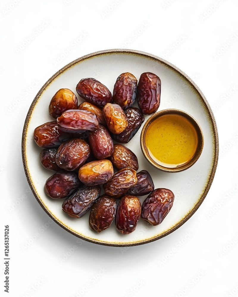 Elegant simplicity.  A plate of dates, a small bowl of honey - a perfect pairing for a moment of pure indulgence as symbol of Holy Ramadan month