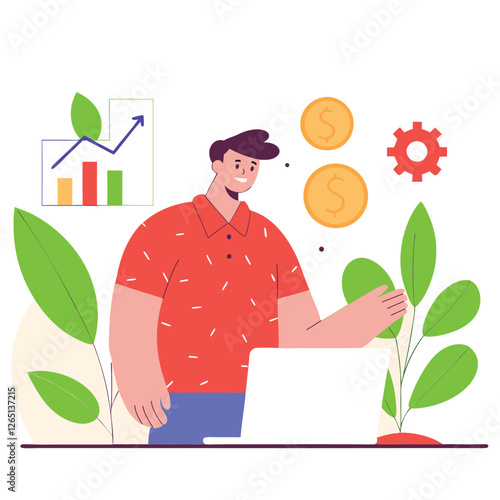 An illustration showing an African man in a casual shirt engaged in work on a laptop with charts and plants around, highlighting a modern workspace.