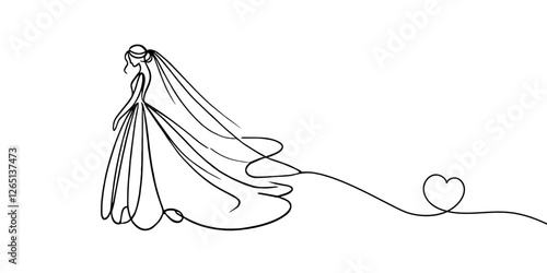 Wedding ceremony.One continuous line. Beautiful slender bride in a wedding dress. One continuous drawing line logo isolated minimal illustration.