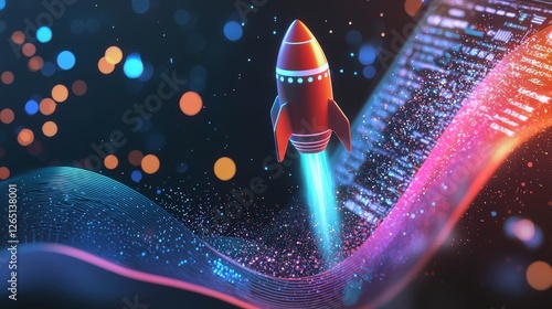A charming rocket zooms out from an open laptop, capturing the fusion of technology and creativity with captivating light trails and vibrant hues of color decorating the scene.