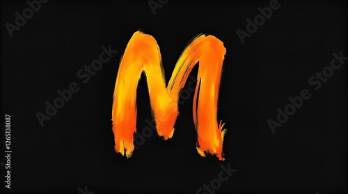 Fiery Letter M Illustration: Bold Orange Brushstroke Font on Black Background - Abstract Alphabet Art for Graphic Design & Branding Projects