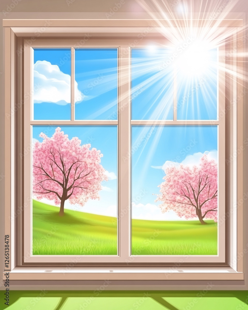 Fototapeta premium Spring sunshine streams through a window framing blossoming trees in a vibrant green field under a bright blue sky.