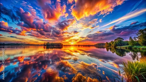 Serene Sunset: Lake Reflecting Vibrant Cloudscape - Stunning Nature Photography